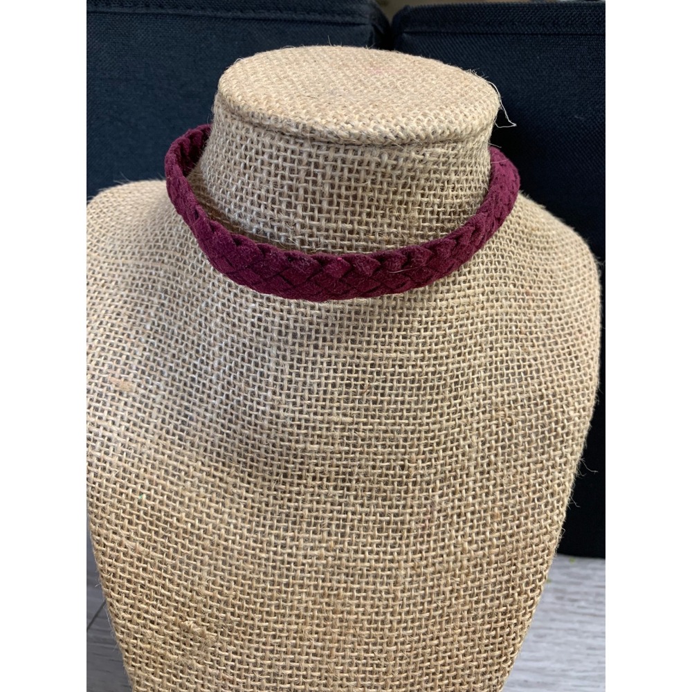 Burgundy Braided Suede Choker Necklace Gold Tone Hook Clasp Wine Red 12 Inch